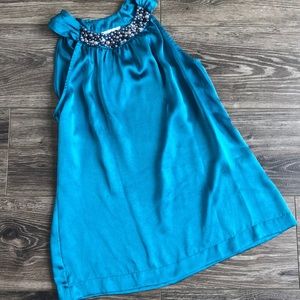 High neck turquoise blouse with embellished neck